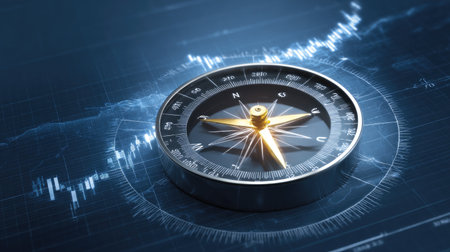 This image features a high-tech compass with a glowing needle, symbolizing navigation and direction in the modern technology landscape.の素材