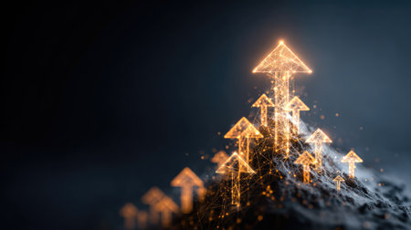 This abstract image illustrates the concept of growth and success, featuring glowing arrows pointing upward on a dark backdrop. It symbolizes ambition and progress.の素材
