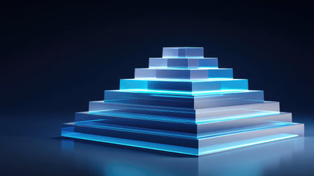 A captivating modern digital pyramid structure features glowing edges, set against a dark background, suitable for abstract visualizations in design projects.の素材