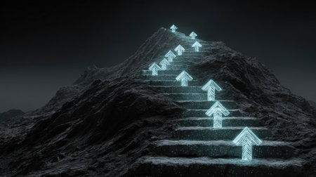 A stunning abstract image featuring a staircase illuminated by glowing arrows, representing progress and ascension. The dark backdrop enhances the visual impact, creating an inspiring atmosphere for themes of growth and achievement.の素材