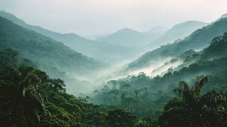Explore a breathtaking misty mountain landscape showcasing lush green forests and rolling hills, creating a serene and tranquil natural scene.の素材
