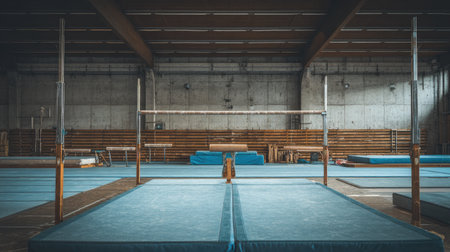 A spacious gymnastics hall devoid of people, featuring parallel bars and balance beams, ready for athletes to engage in practice and training.の素材