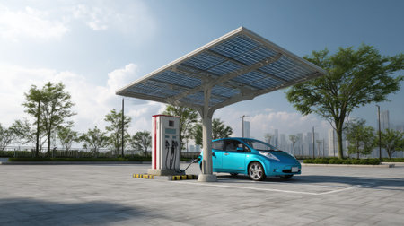 A serene electric vehicle charging station shaded by a solar panel canopy in a modern urban landscape, showcasing sustainability and clean technology.の素材