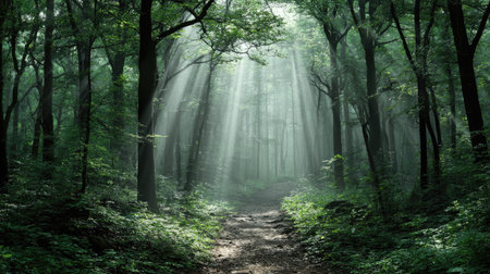 A tranquil forest scene featuring a winding path through tall trees, with soft sunlight breaking through the mist, creating an enchanting atmosphere.の素材