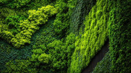 This image features a breathtaking vertical garden displaying an array of vibrant green foliage, showcasing various textures and patterns.の素材