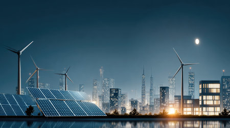 A stunning urban skyline illuminated at night, showcasing renewable energy technologies like wind turbines and solar panels, reflecting serene waters.の素材