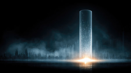 A stunning futuristic digital tower rises against a dark setting, illuminated by a radiant glow, symbolizing innovation and advanced technology in an abstract environment.の素材