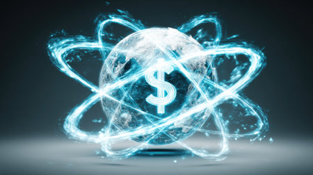 This dynamic image features a futuristic globe with a dollar symbol at its center, surrounded by luminous atomic rings, representing global finance and innovation.の素材
