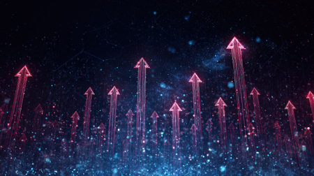 This captivating image features glowing upward arrows on a dark background, symbolizing growth and innovation in a digital context, perfect for diverse projects.の素材