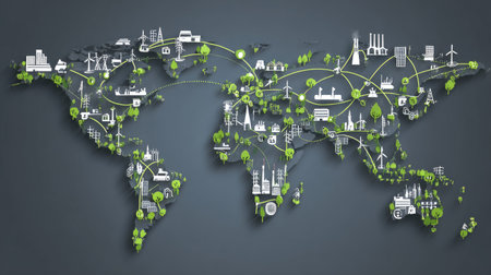 This visually striking illustration represents a world map filled with icons symbolizing infrastructure, energy resources, and technology in a sustainable green context.の素材