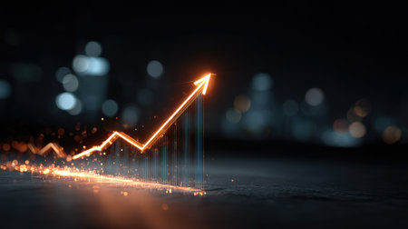 This visually striking image showcases an upward trending arrow representing growth and success, illuminated against a blurred cityscape background, embodying progress.の素材