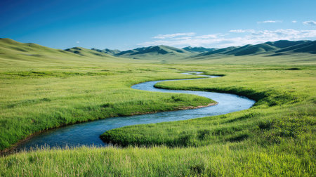 A beautiful scene showcasing a winding river flowing gently through a vibrant green field under a clear blue sky, inviting tranquility and peace.の素材