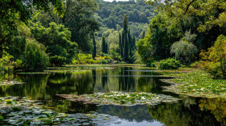 A tranquil scene depicting a serene lake filled with water lilies, reflecting the surrounding lush greenery and vibrant trees under soft sunlight.の素材