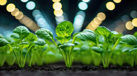 Lush green seedlings thrive in a hydroponic farm setting, illuminated by soft bokeh lights. This image highlights modern agricultural practices for sustainable growth.の素材