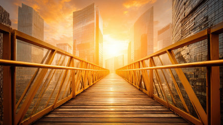 A captivating view of a wooden boardwalk stretching toward a glowing sunset in a vibrant urban landscape. The warm hues create a serene atmosphere.の素材