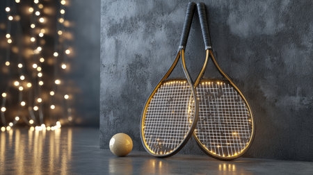 A pair of vintage tennis rackets styled elegantly against a dark textured wall, paired with a gold tennis ball, surrounded by sparkling lights.の素材