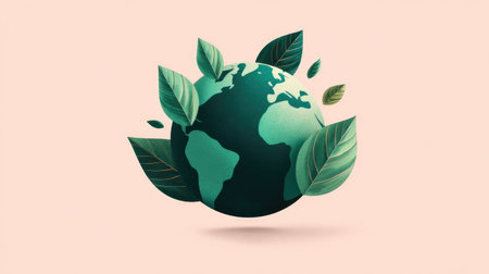 A stylized globe draped in vibrant leaves illustrates the essence of nature and ecological balance. This soft pastel image promotes awareness of environmental care.の素材