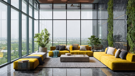 This modern living room features large windows that flood the space with natural light, complemented by stylish furniture and lush potted plants for a vibrant ambiance.の素材