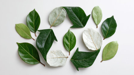 Beautiful arrangement of diverse green leaves showcasing different shapes and textures, perfect for nature-themed projects or botanical illustrations.の素材