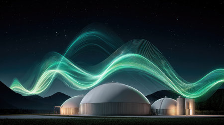 A stunning depiction of a futuristic energy facility surrounded by mountains, featuring colorful light waves dancing under a starry night sky.の素材