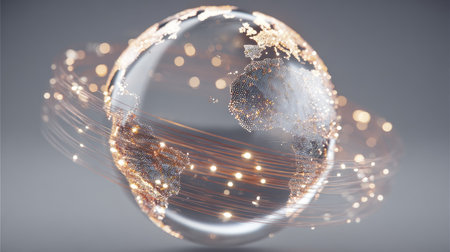 This captivating 3D render showcases a transparent globe of Earth adorned with luminous particles and dynamic light trails, evoking a sense of modern technology and global connectivity.の素材