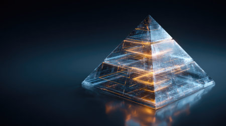 A captivating transparent pyramid structure glows with illuminated edges against a dark background, showcasing modern design and artistic elegance.の素材