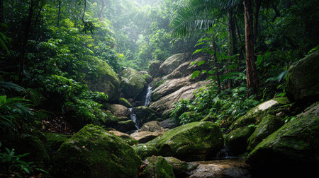 A stunning view of a vibrant tropical rainforest showcasing a cascading waterfall among large boulders, enveloped in lush greenery and soft mist.の素材