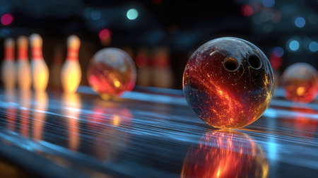 A stunning cosmic bowling scene featuring glowing bowling balls and an intricately designed wooden lane, illuminated by vibrant neon lights. Perfect for sports and entertainment themes.の素材
