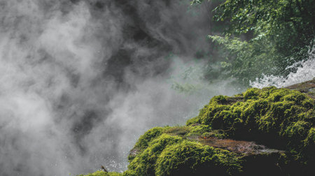 Experience the beauty of a tranquil waterfall enveloped in mist, with vibrant green moss thriving on rocky surfaces, capturing the peace of nature.の素材
