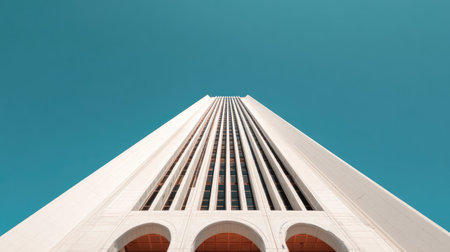 This image captures a striking view of a contemporary building rising against a serene blue sky, highlighting its elegant lines and geometric patterns.の素材
