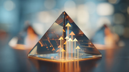 This image features a crystal pyramid with glowing arrows that symbolize growth and progress. Ideal for visuals related to business, innovation, and success.の素材