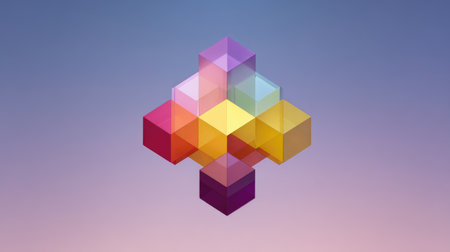 This stunning abstract design features colorful geometric shapes in a balanced composition. The translucent cubes create a modern and artistic visual experience.の素材
