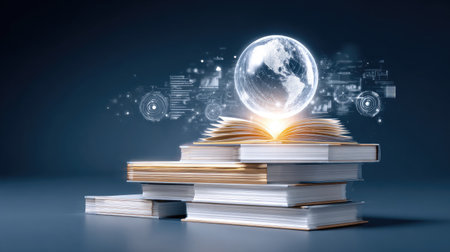 An artistic representation of an open book with a floating globe and digital elements, symbolizing the connection between knowledge, education, and global information exchange.の素材