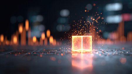 A vibrant orange cube radiates light and sparks against a dark backdrop, symbolizing innovation and growth in financial technology and digital trends.の素材