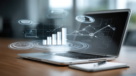 A sleek laptop displays dynamic data visualization and graphs, symbolizing modern analytics in a professional workspace, perfect for business themes.の素材