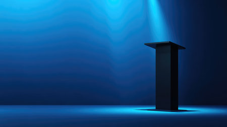 A sleek black podium stands alone under a vibrant blue spotlight in an empty space, creating a dramatic and modern setting ideal for presentations.の素材