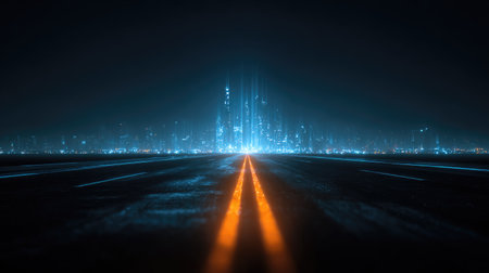 An empty road stretches towards a vibrant futuristic cityscape at night, featuring glowing buildings and a digital horizon, creating a stunning urban vision.の素材