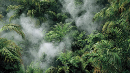 Experience the enchanting beauty of a lush tropical rainforest shrouded in mist, where vibrant greenery and intricate foliage create a serene natural paradise.の素材