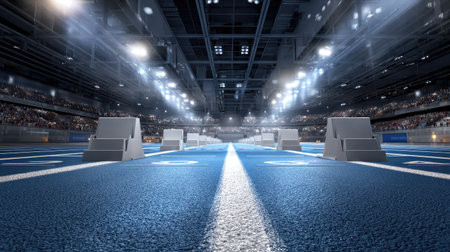 A captivating view of an indoor athletic track featuring well-lit starting blocks, designed for competitive racing, showcasing modern sports infrastructure.の素材