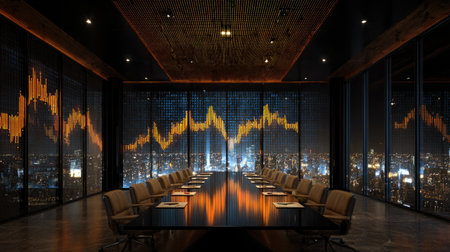 A sleek conference room featuring a long table surrounded by chairs, overlooking a vibrant city skyline, illuminated by digital stock market graphs.の素材