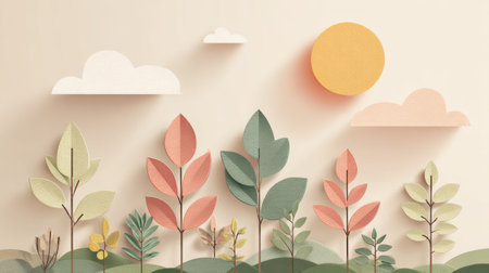 This charming paper art illustration showcases vibrant trees, clouds, and a sun, merging creativity with a minimalistic design, evoking feelings of tranquility and joy.の素材