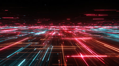 An expansive view of vibrant light trails in red and blue colors creates a captivating abstract scene, symbolizing technology and motion in a digital era.の素材