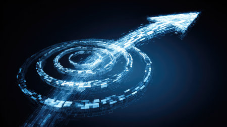 A stunning digital illustration showcasing an upward arrow in blue light, emerging from circular patterns against a dark background. This image symbolizes progress and innovation in technology.の素材