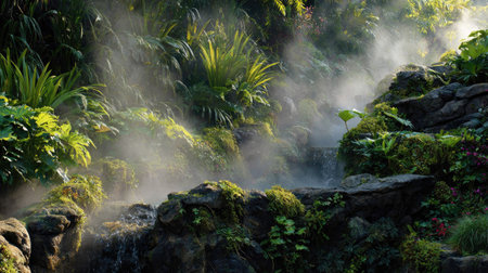 This captivating image captures a serene waterfall surrounded by lush greenery, with soft mist rising among vibrant plants, evoking tranquility and beauty.の素材