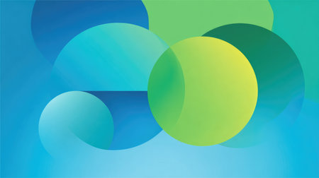 This abstract background showcases overlapping circles in soothing green and blue tones, creating a serene visual experience for artistic projects.の素材