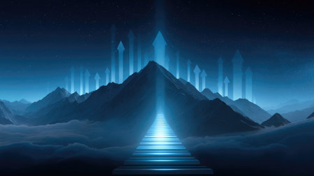 A mesmerizing landscape featuring a glowing set of stairs leading to a majestic mountain, adorned with arrows pointing upward amidst a starry night, evoking a sense of journey and wonder.の素材