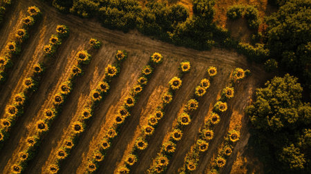 An aerial view captures a vibrant sunflower field during golden hour, showcasing stunning rows of blooming sunflowers and a serene rural landscape.の素材