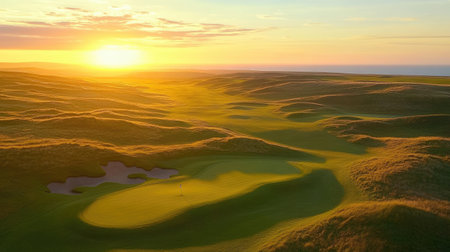 Experience the serene beauty of a golf course at sunset, where rolling green hills meet a colorful sky. Perfect for nature and outdoor enthusiasts.の素材
