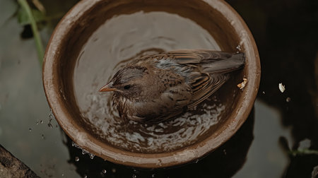 A small bird enjoying a bath in a clay pot filled with water. The serene moment captures the beauty of nature and wildlife in a tranquil setting.の素材