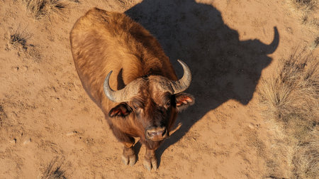 A curious bull stands on dry desert soil, casting a striking shadow. This top view captures the animal's unique features and warm colors, perfect for rural themes.の素材